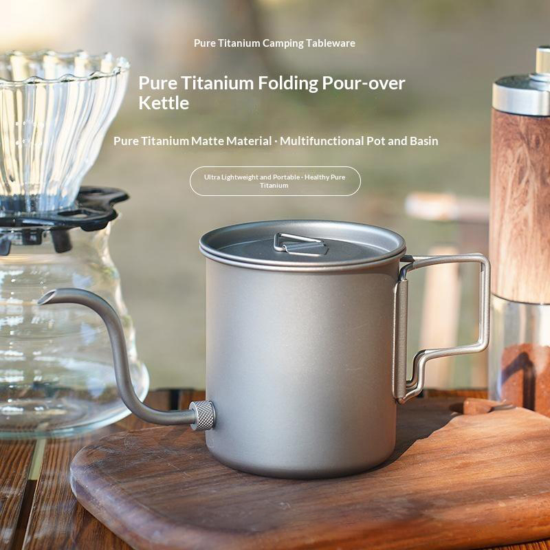 Outdoor Camping Kettle - 純チタン製グースネックポアオーバーコーヒーケトル 折りたたみ式ハンドル 超軽量 アウトドア キャンプ ハイキング