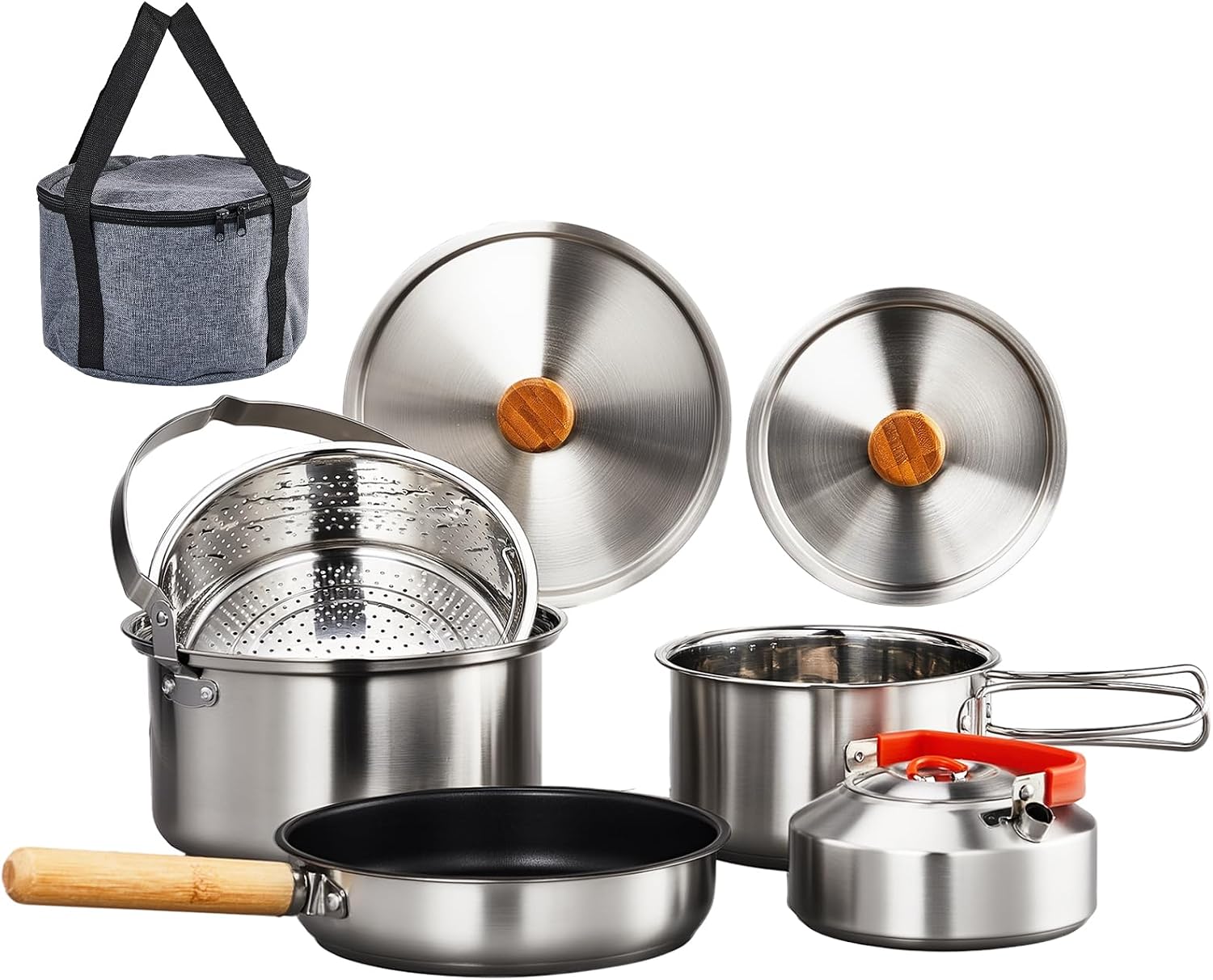 Outdoor Camping Fire - 6点調理器具セット、304ステンレス製軽量ノンスティック鍋、ケトル、スピン、トラベルトートバッグ付き、直火、キャンプ、アウトドア料理用（4～6人用）