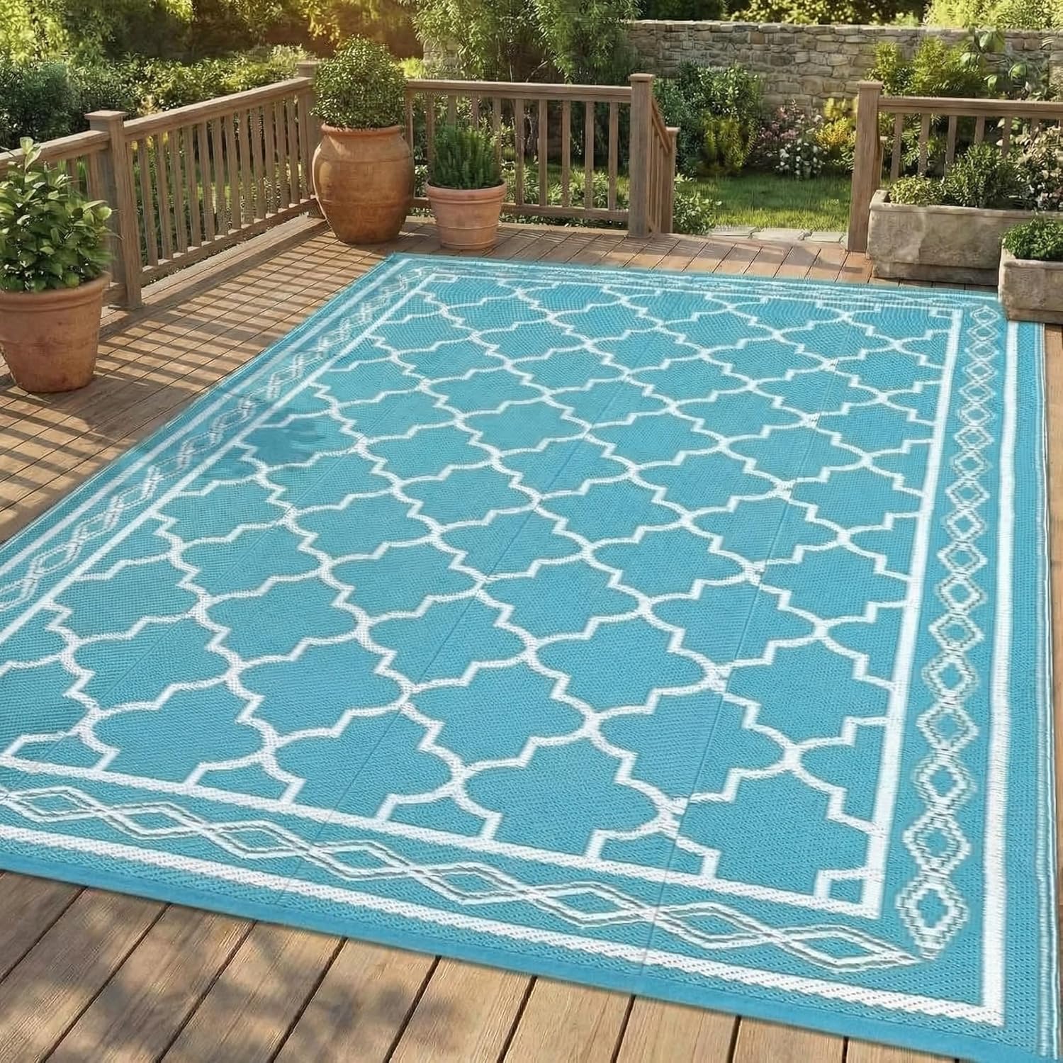 Outdoor Camping Rugs 9X12 - 9x12インチの屋外パティオラグ – リバーシブルキャンプカーペット、防水プラスチック製ストローラグ、RV、ピクニック、裏庭、デッキ、バルコニー、ポーチ、ビーチ用折りたたみ式エリアマット（ライトブルー/ホワイト）
