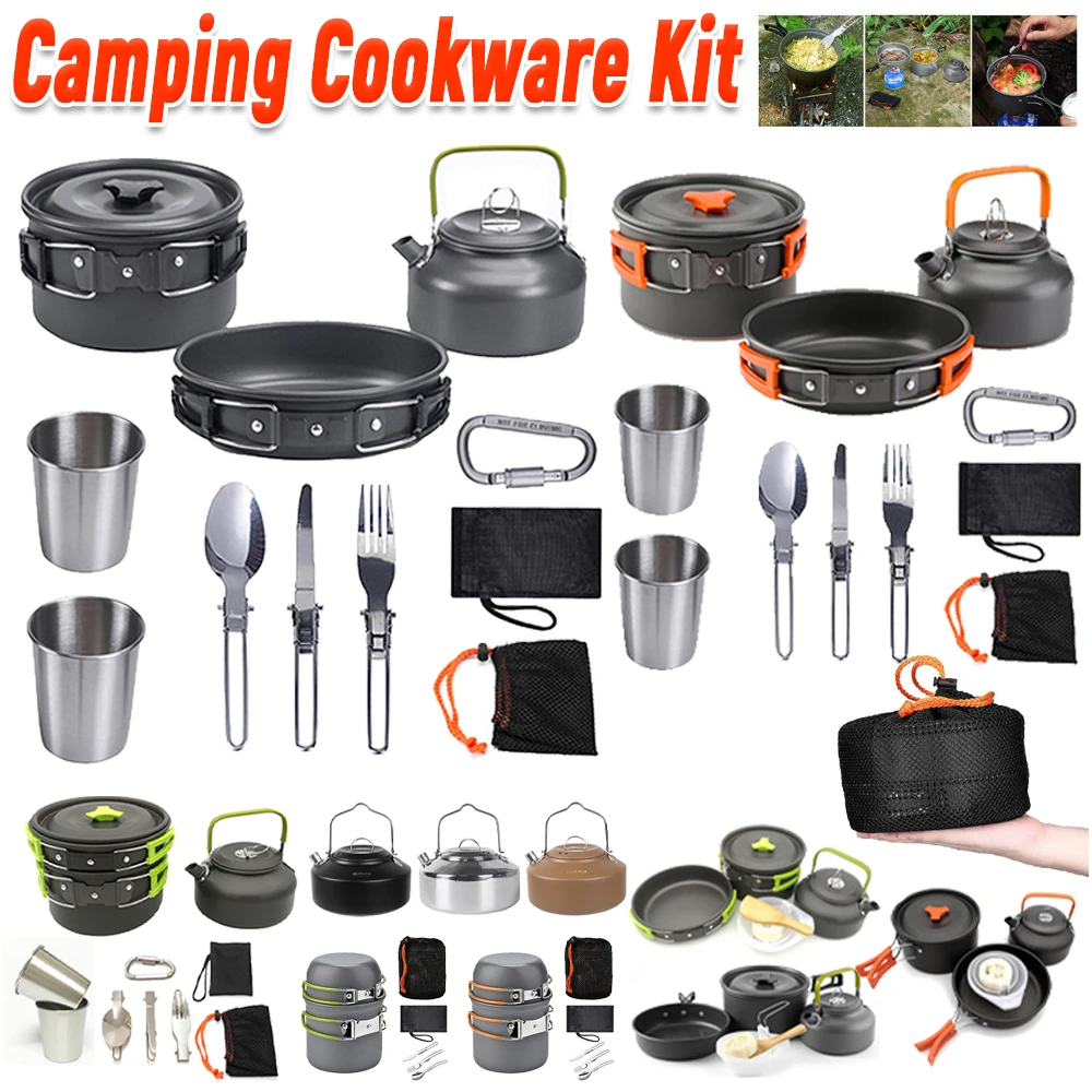 Outdoor Camping Cooking Set - キャンプ調理器具キット ケトル ポット パン クックセット ポータブル