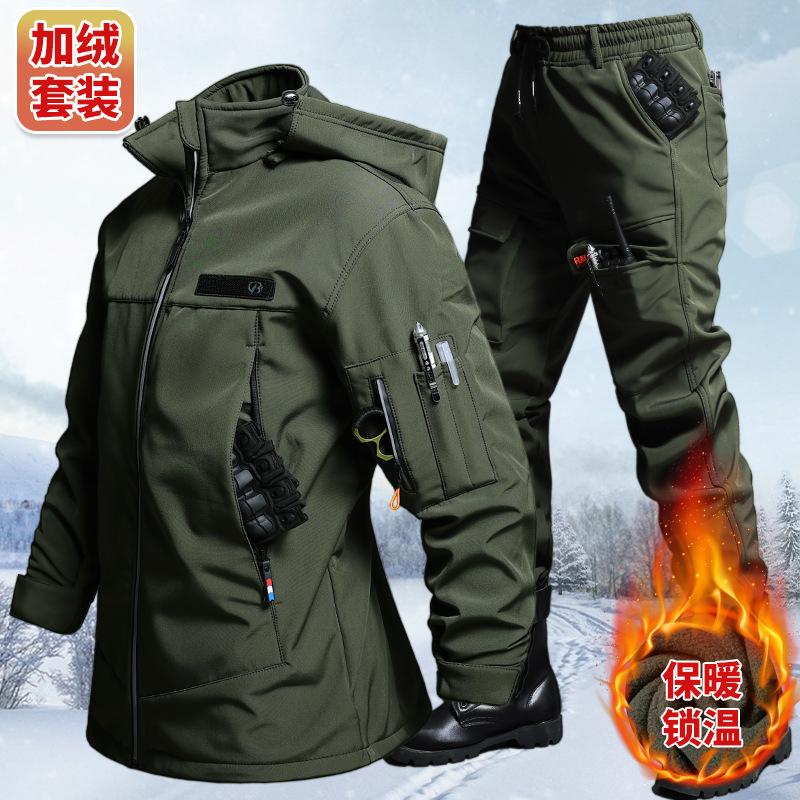 Outdoor Camping Jacket - 秋と冬のベルベット防水タクティカルジャケットとパンツセット男性用サイクリングハイキングキャンプアドベンチャー衣類