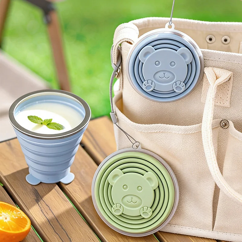ポータブル折りたたみ式シリコンカップ 旅行用 かわいいクマデ - Collapsible Water Bottle のレビューと価格