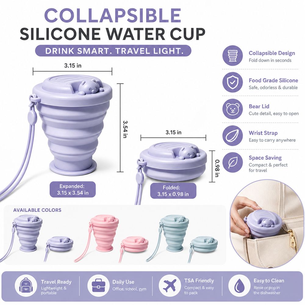シリコン製折りたたみ式ウォーターカップ、携帯用漫画風クマの蓋 - Collapsible Water Bottle のレビューと価格