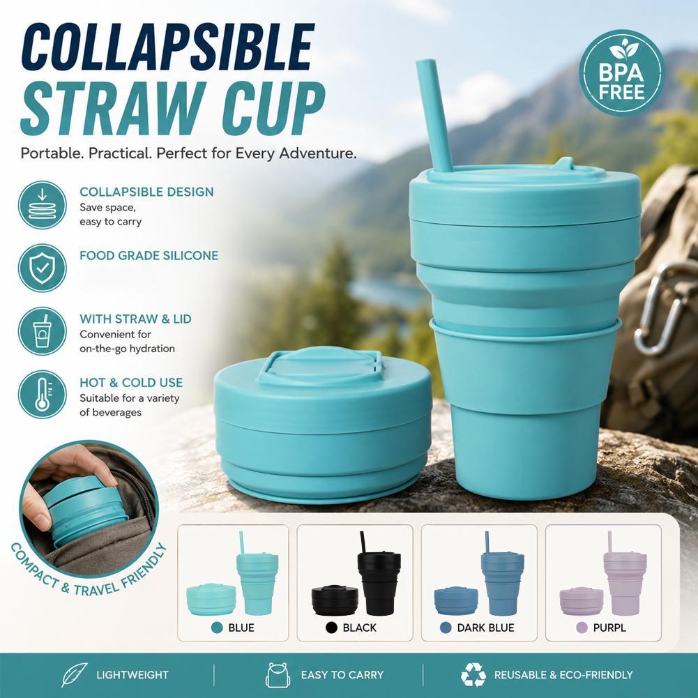 折りたたみ式シリコンコーヒーカップ ストロー蓋付き 12オン - Collapsible Water Bottle のレビューと価格