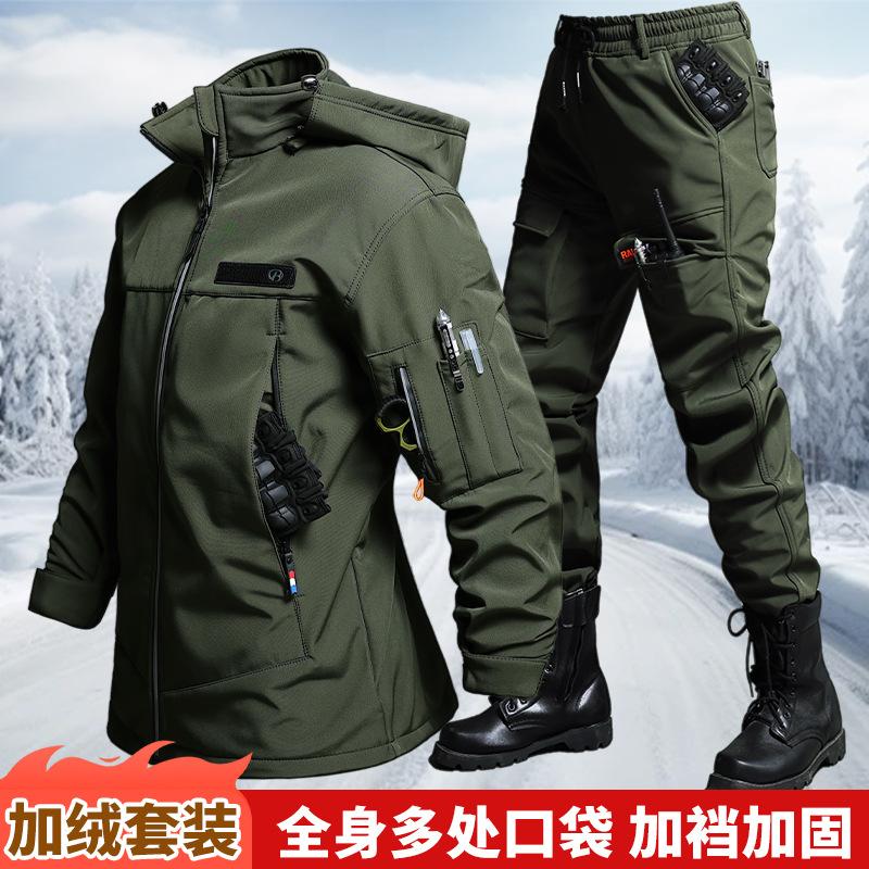 秋と冬のベルベット防水タクティカルジャケットとパンツセット男 - Outdoor Camping Jacket のレビューと価格